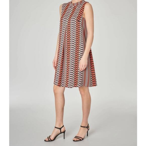 MARELLA Stripe Pleated A-Line Geometric Print Shift Silky Dress Black Orange | 8 - Picture 16 of 16